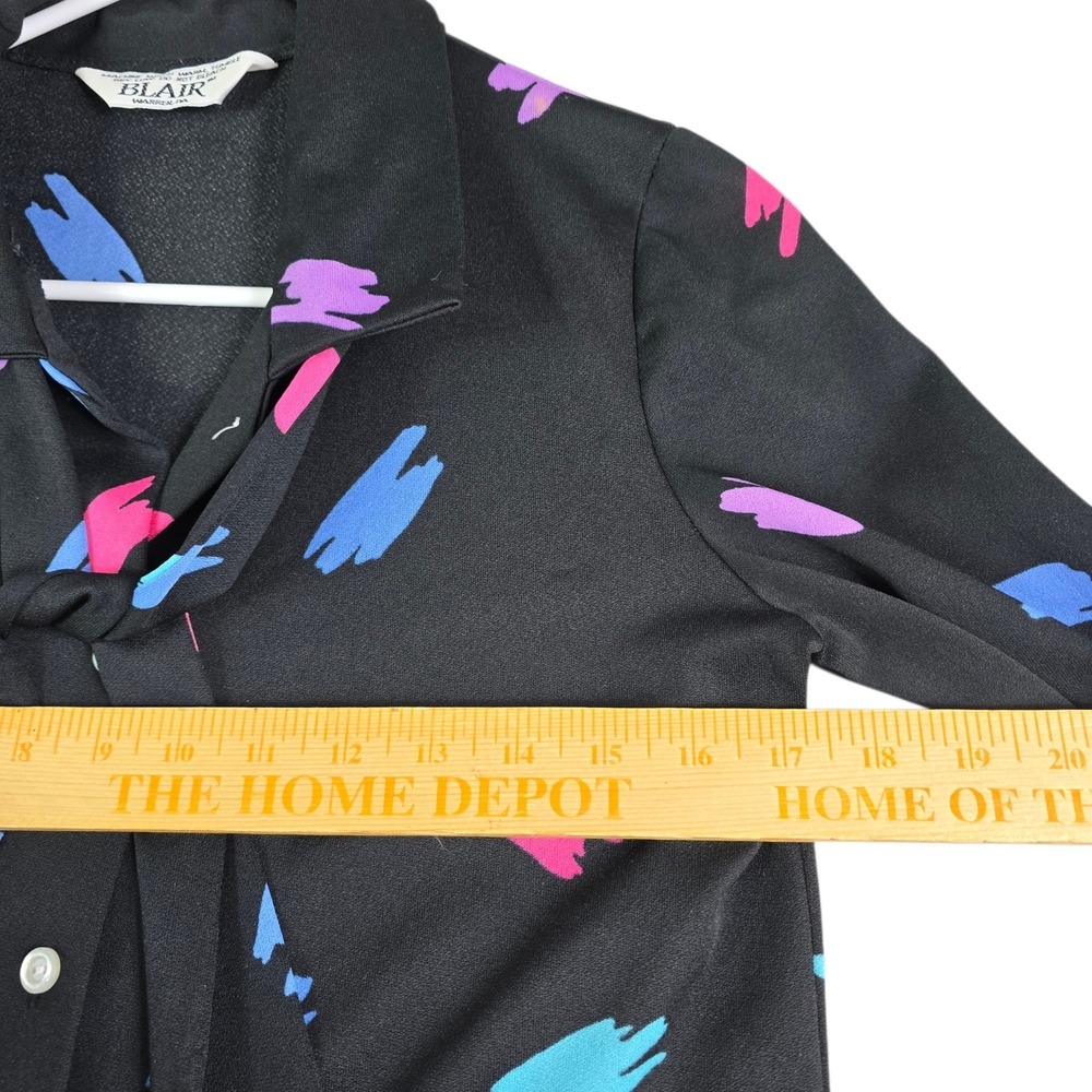 Vintage Blair Blouse Women Medium Black Abstract Brushstroke Tie Neck‎ 80s 90s - Picture 5 of 8